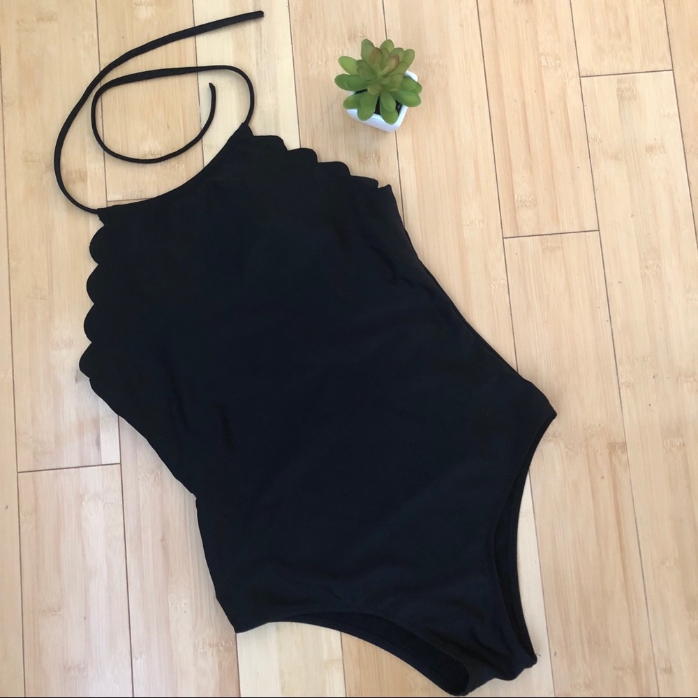 Black high neck scalloped one piece swimsuit